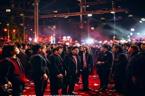 娱乐圈明星黑料爆料现场图，记者在红毯活动外围聚集，背景灯光闪烁氛围紧张热烈